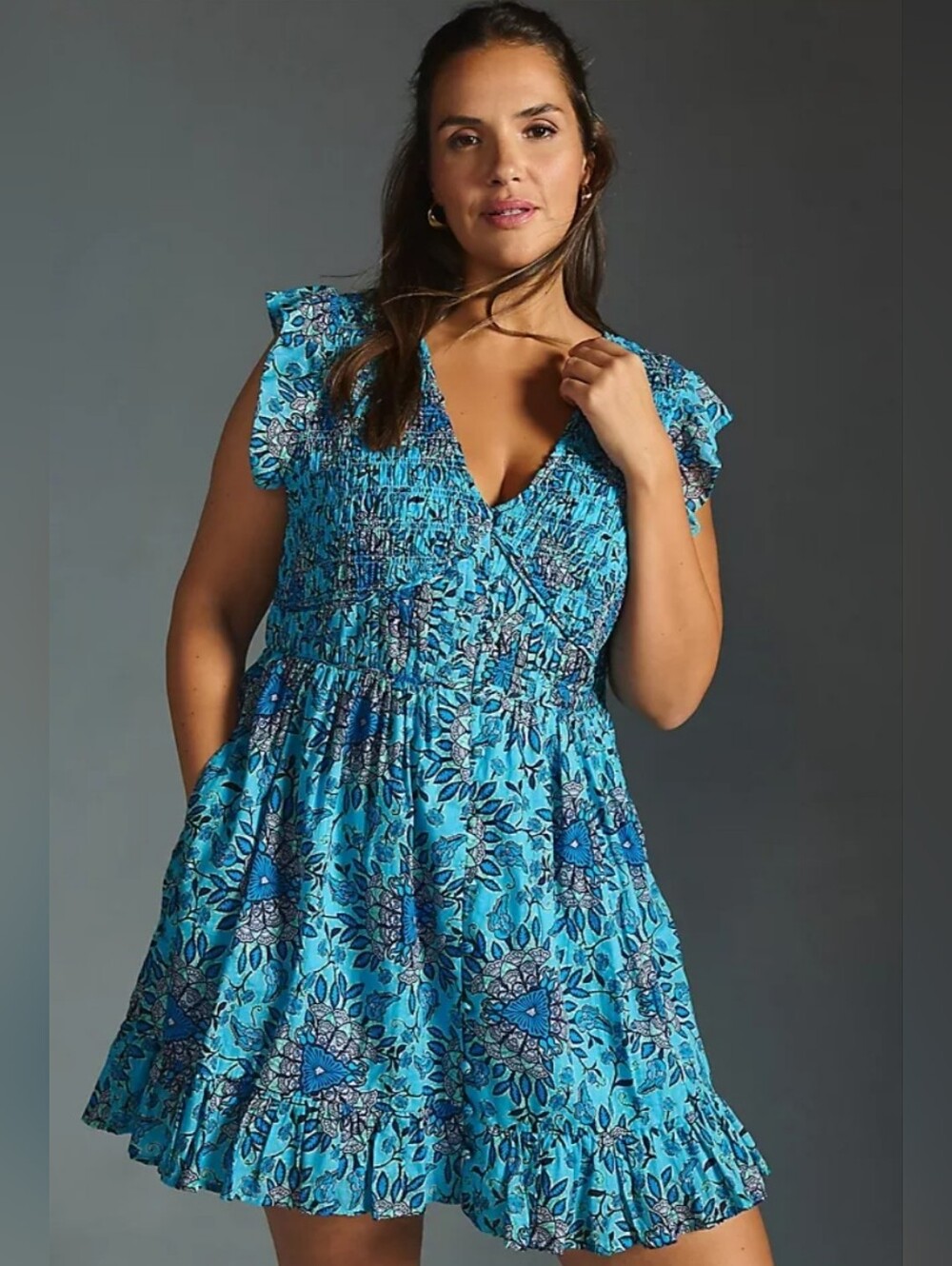 Anthropologie Blue Cotton Floral Mini Summer Dress Womens Large